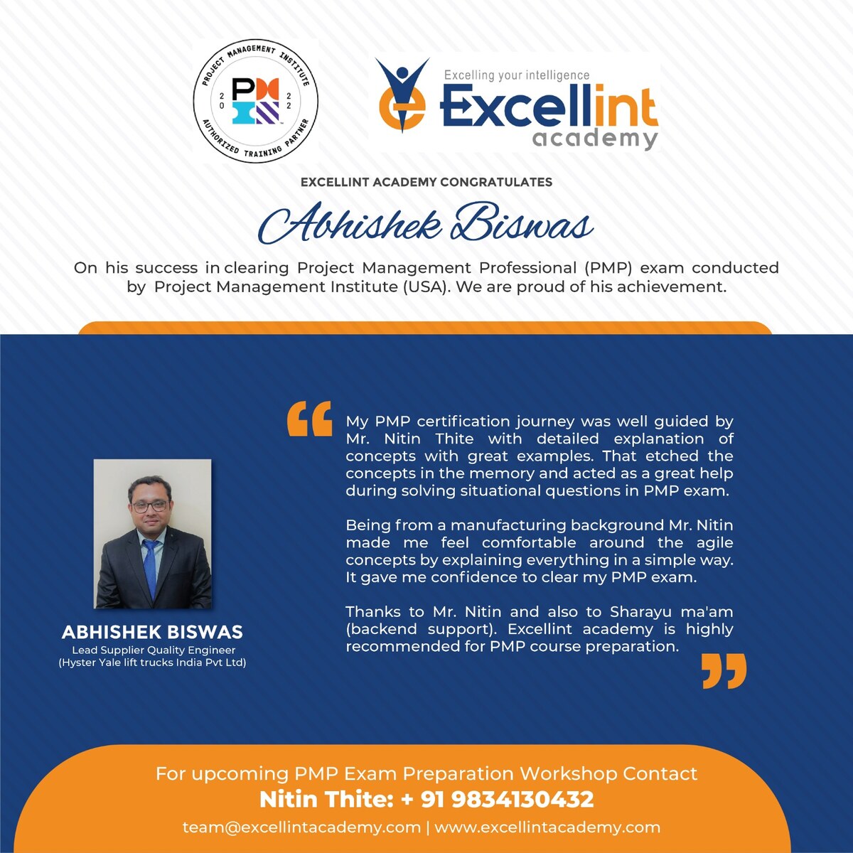 Approved PMP testimonial from Abhishek Biswas