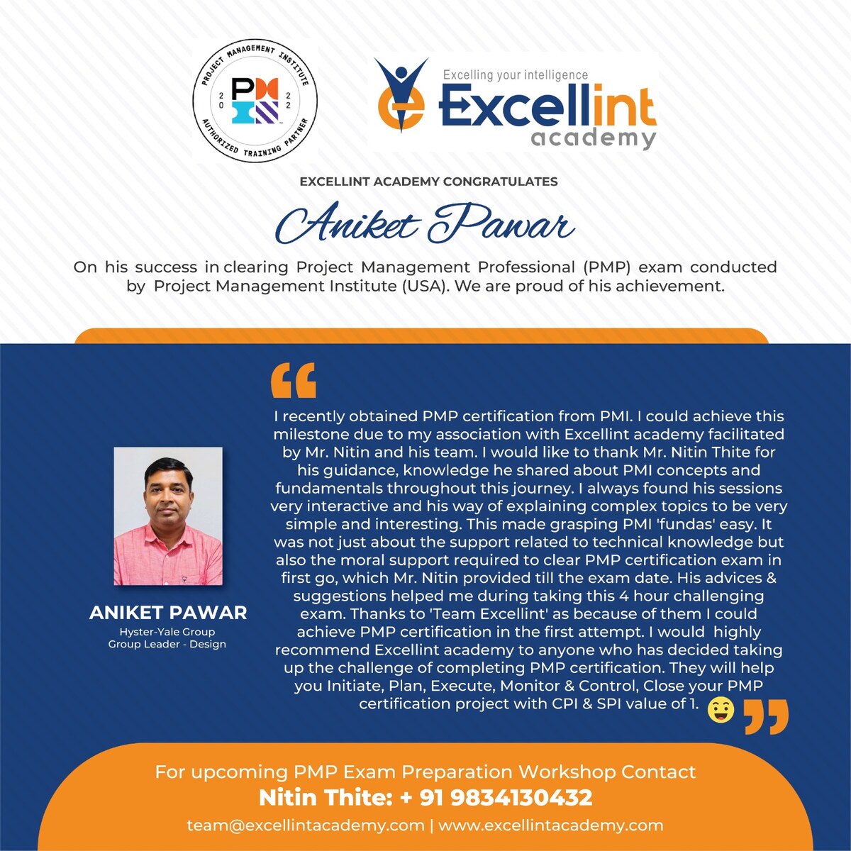 Approved PMP testimonial from Aniket Pawar