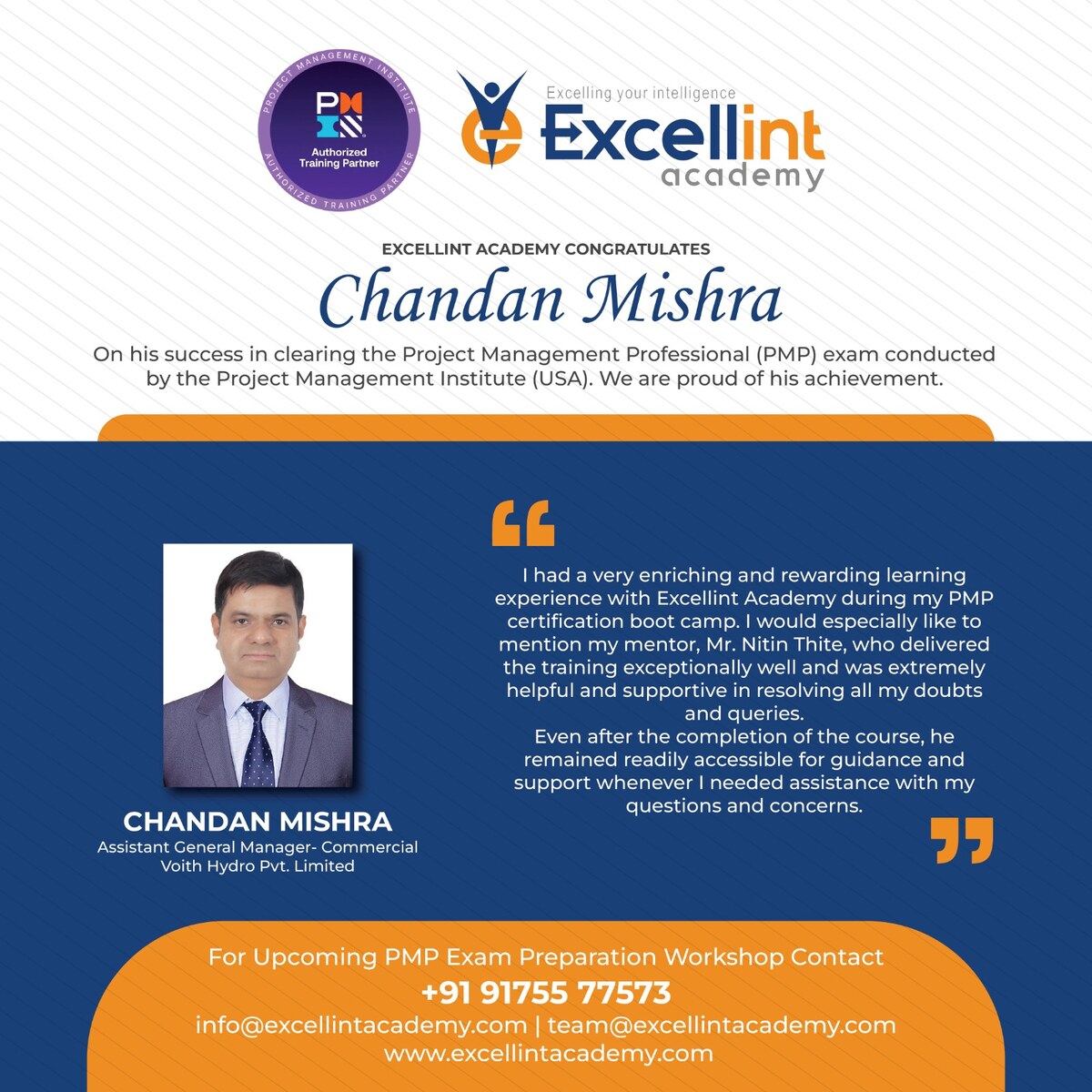 Approved PMP testimonial from Chandan Mishra