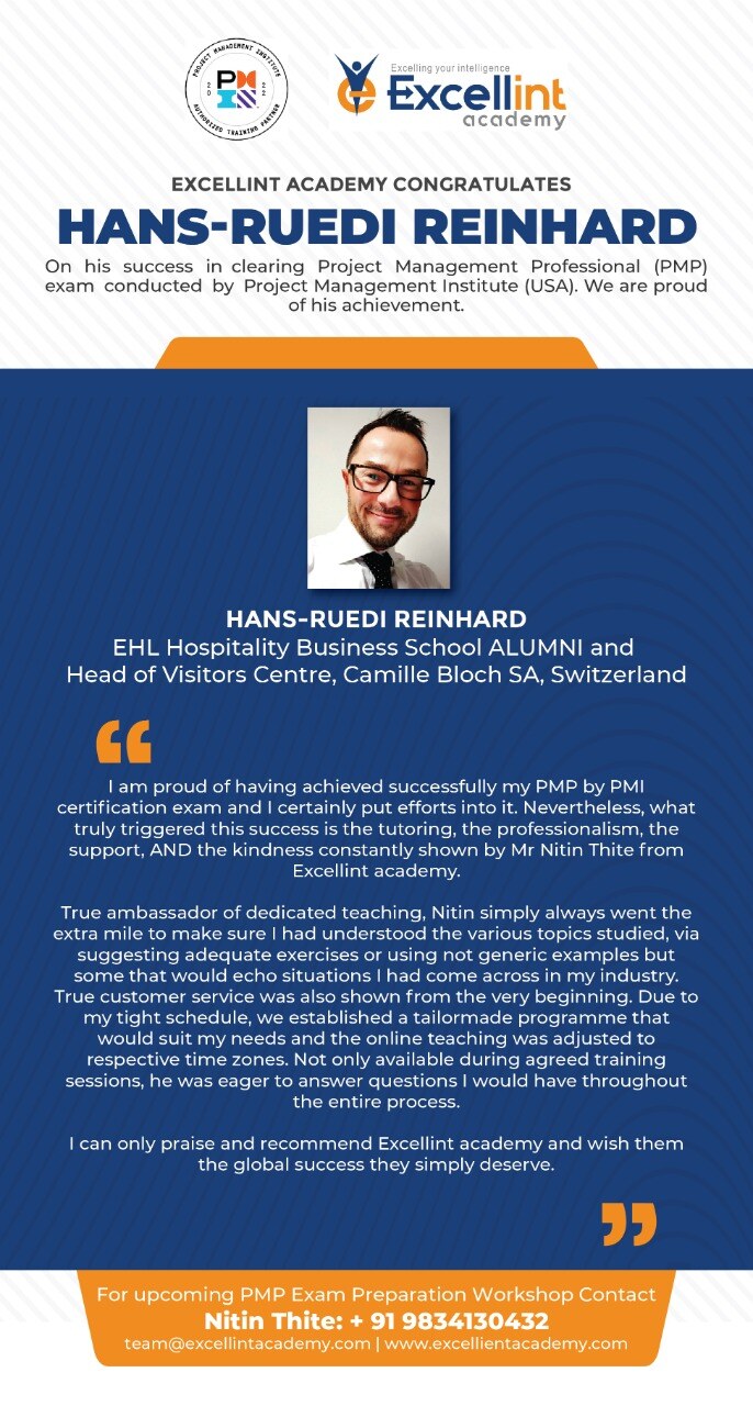 Approved PMP testimonial from Hans-Ruedi Reinhard