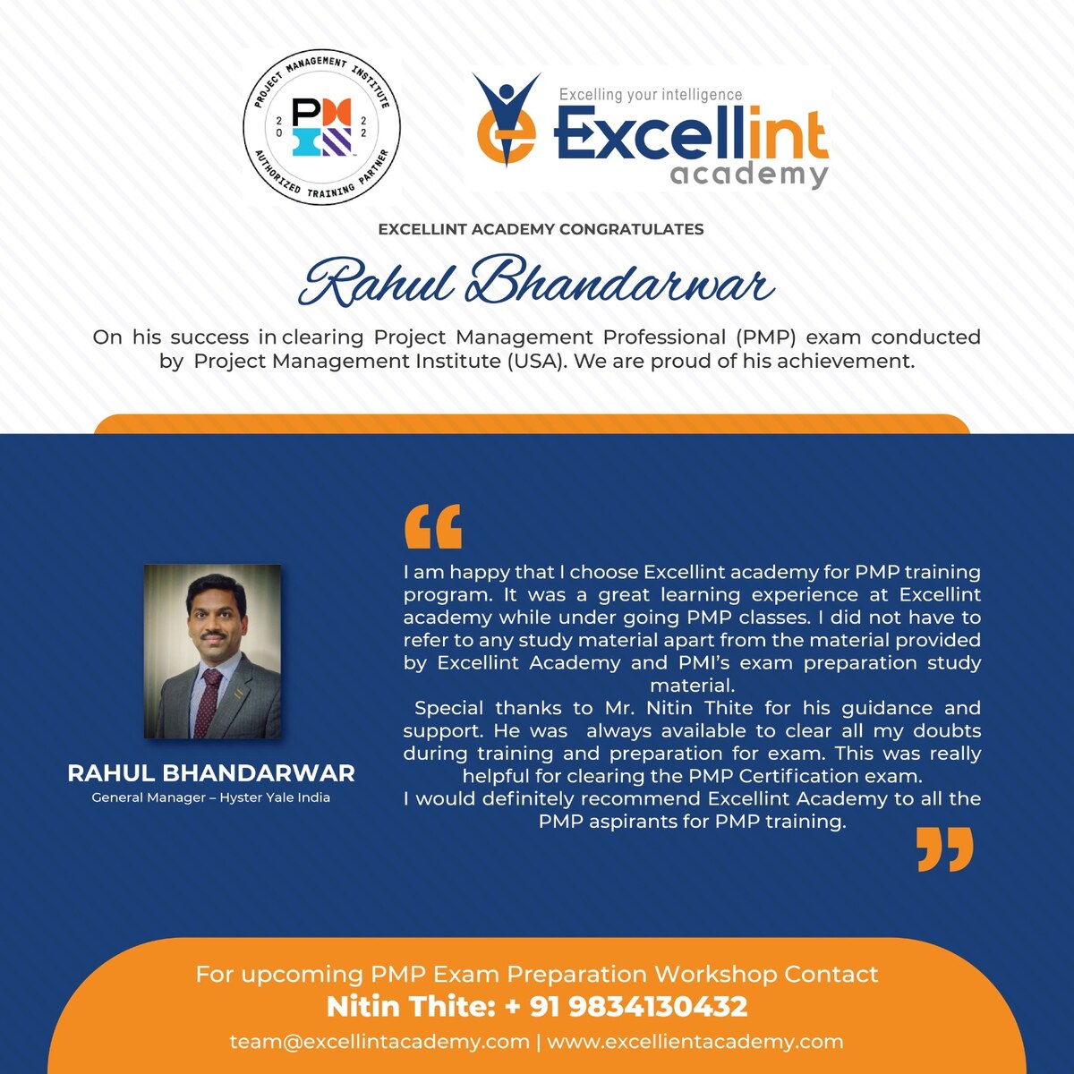 Approved PMP testimonial from Rahul Bhandarwar